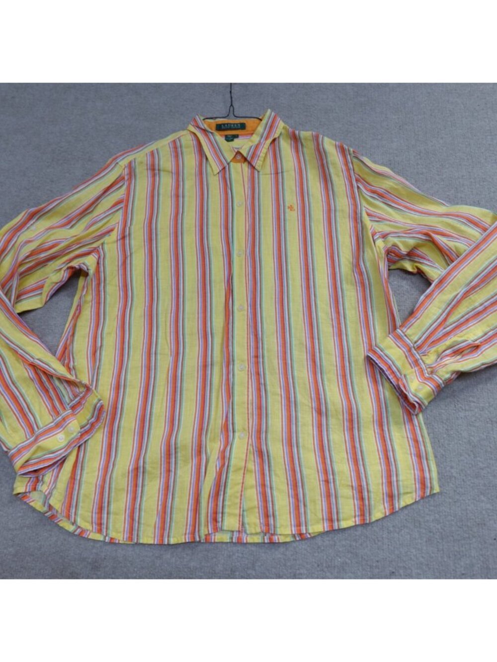 Lauren Ralph Lauren Womens Shirt Large Yellow Striped 100% Linen Tab Sleeves